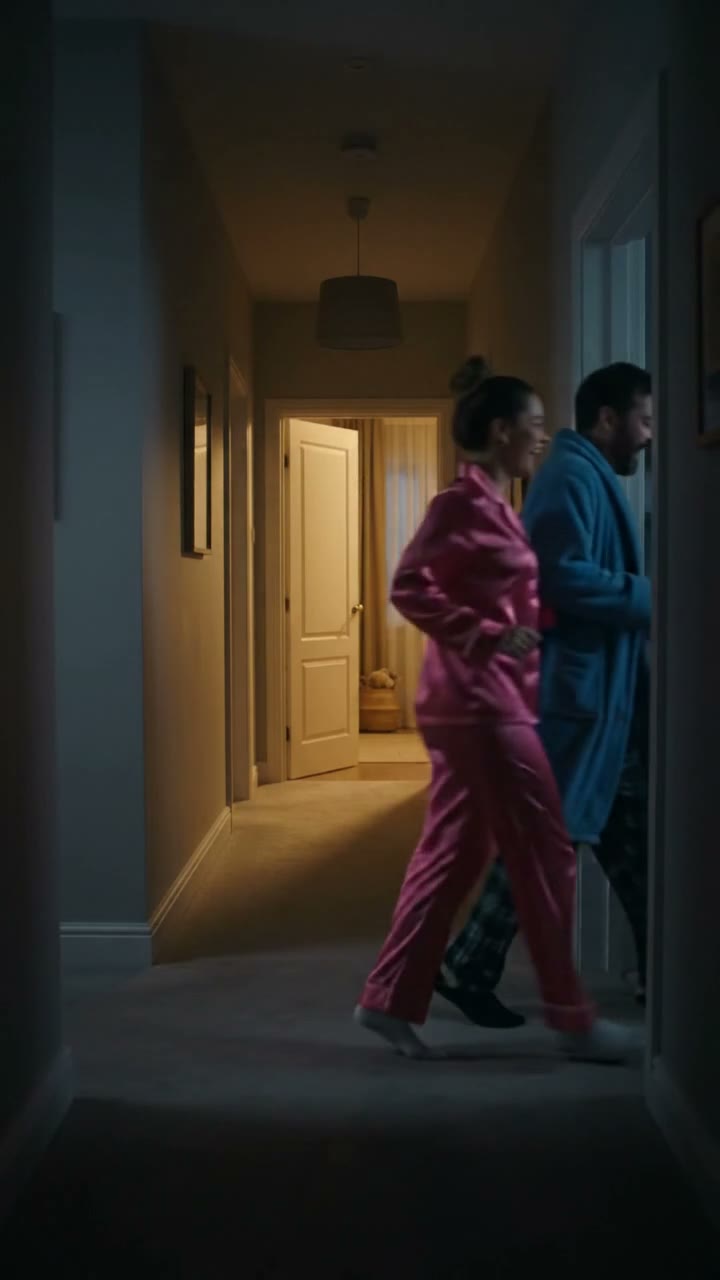 Partygoers in pajamas and robes crossing a dim hallway